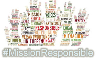 Das Logo zum Wettbewerb Mission Responsible mit vielen Begriffen: People, Voices, Mitmachen, Bewegen, Projekte, Initiieren, Global etc.